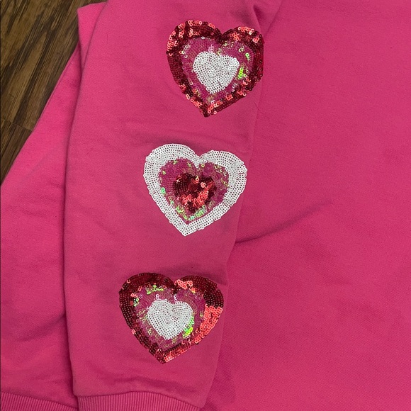 Queen of Sparkles Heart on Your Sleeve sequin hot pink Valentine’s Sweatshirt XL - Picture 5 of 15